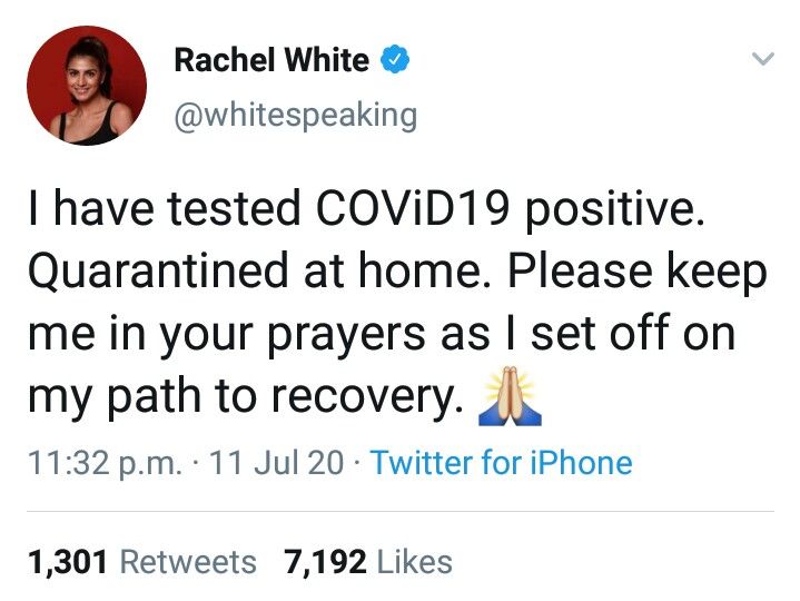 રેચલ વ્હાઇટ, rachel white, rachel white corona, rachel white covid19, rachel white positive, rachel white pic, rachel white photo, રેચલ વ્હાઇટ photo